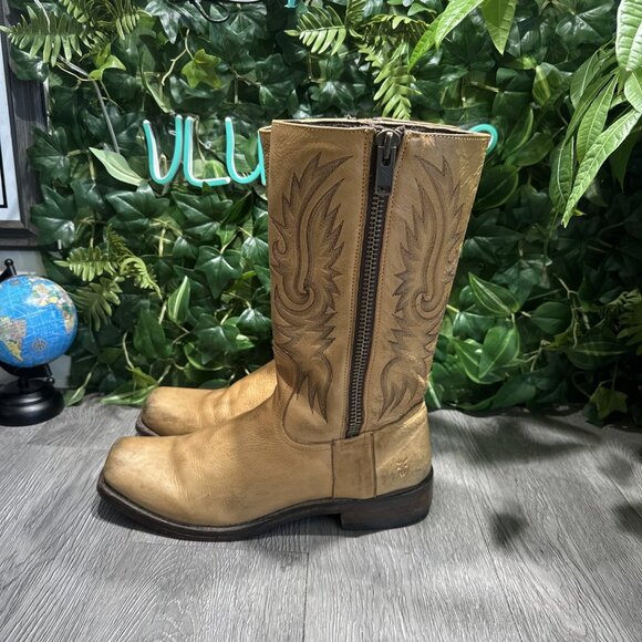 Frye Heath Outside Zip Brown Distressed  Leather Boot Men Size 10 D Angel Wings main image 4